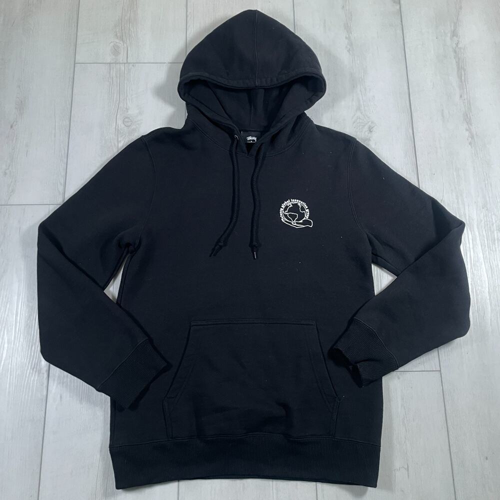 Stussy Men's Small Hoodie Black Cotton Fleece Pullover Sweatshirt Heavyweight